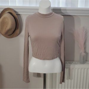 Sandy beige/light ash brown Mock Neck Cropped Long Sleeve top